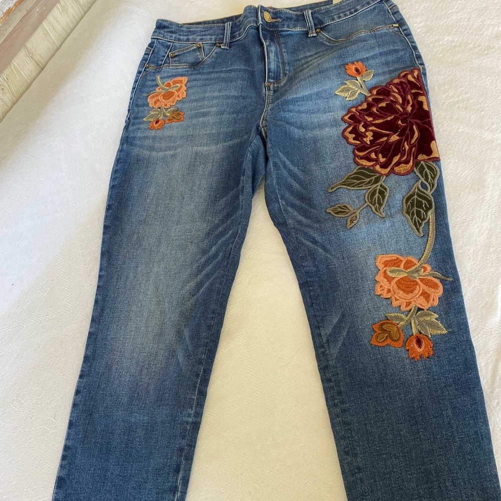 Chicos Jeggings / Jeans with embroidery flowers in fall colors size 12p